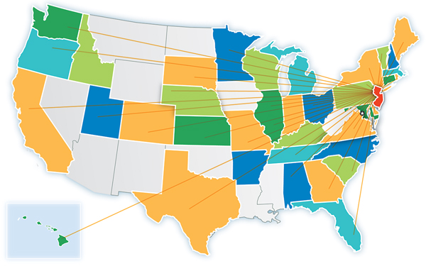 Image of U.S. map representing referrals to the Princeton Center for Eating Disorders coming from all over the country