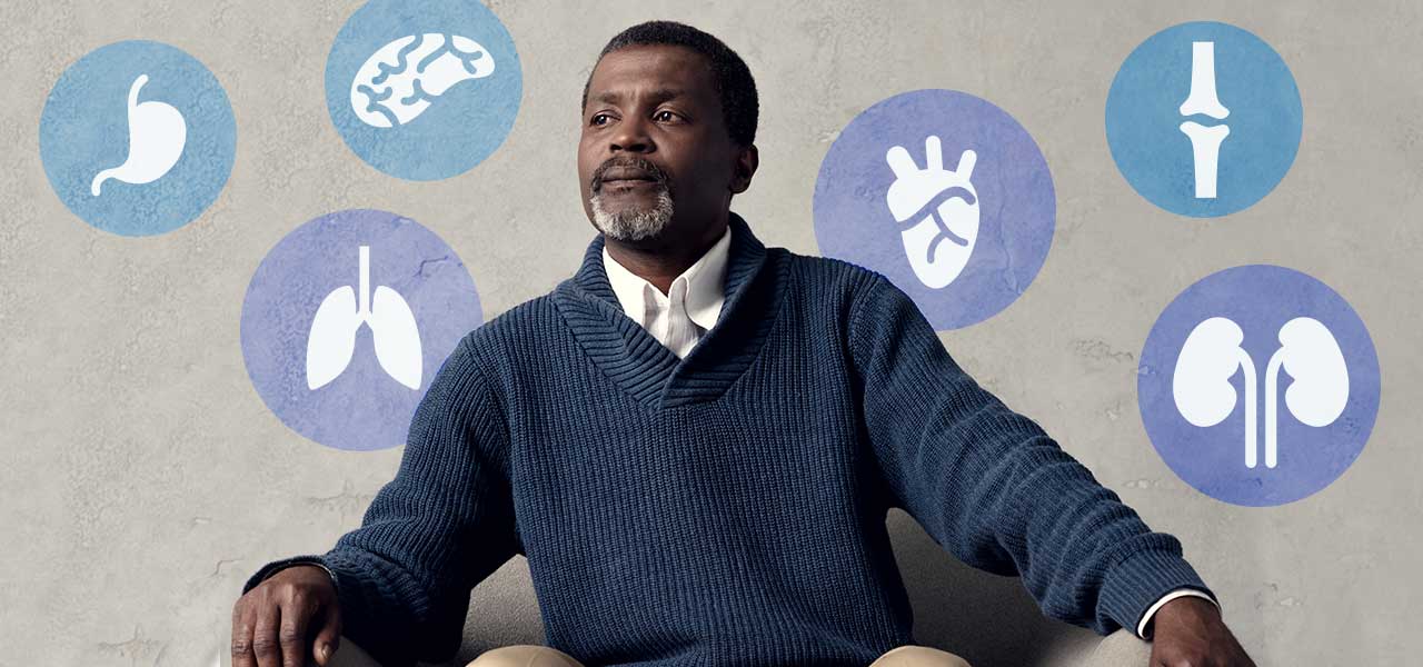 Photo illustration of a mature man in the center, with circles depicting icons of various body parts, circling around him