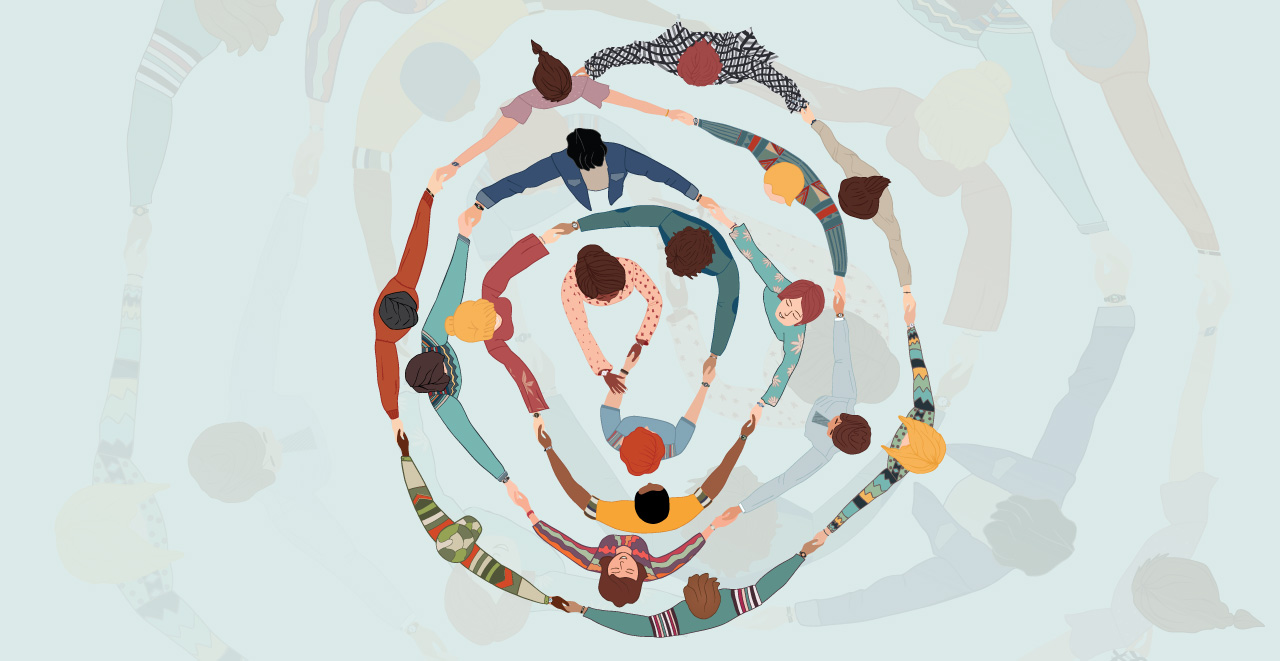 Illustration of people holding hands in circles