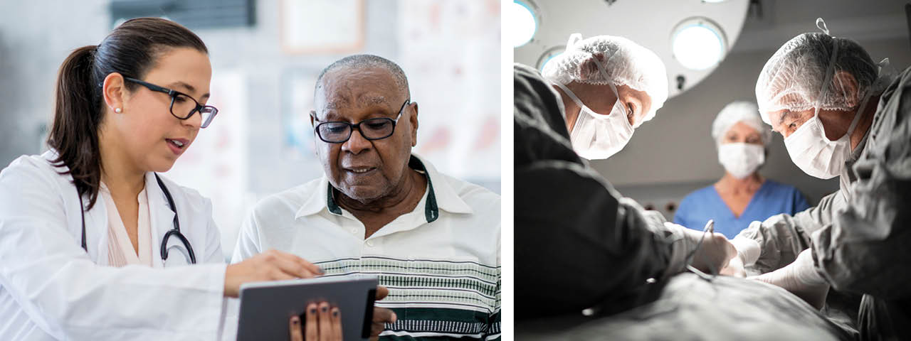 Montage of doctor with patient, and surgery