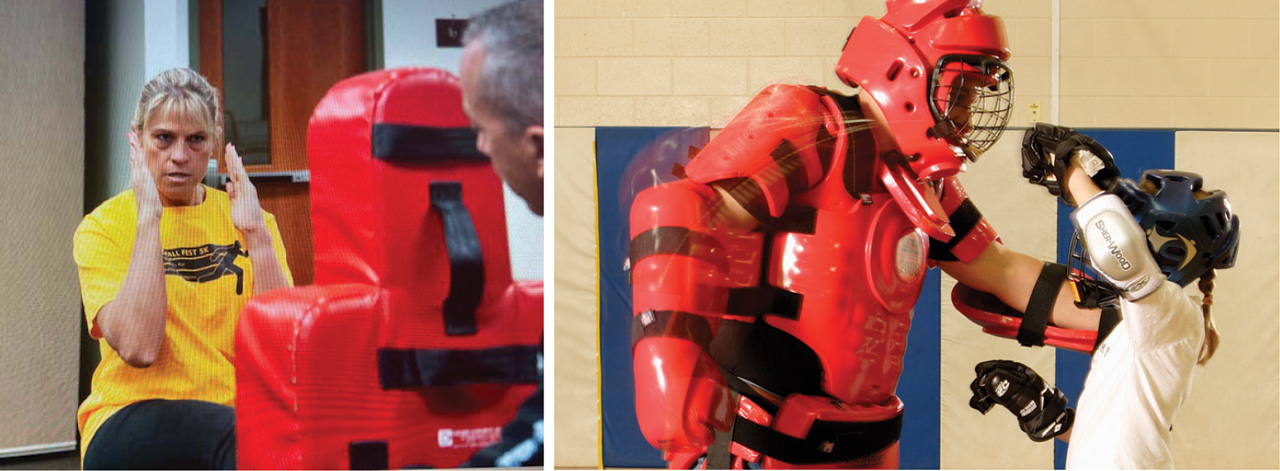 Photo montage of self defense class for (1) adults, and for (2) kids.