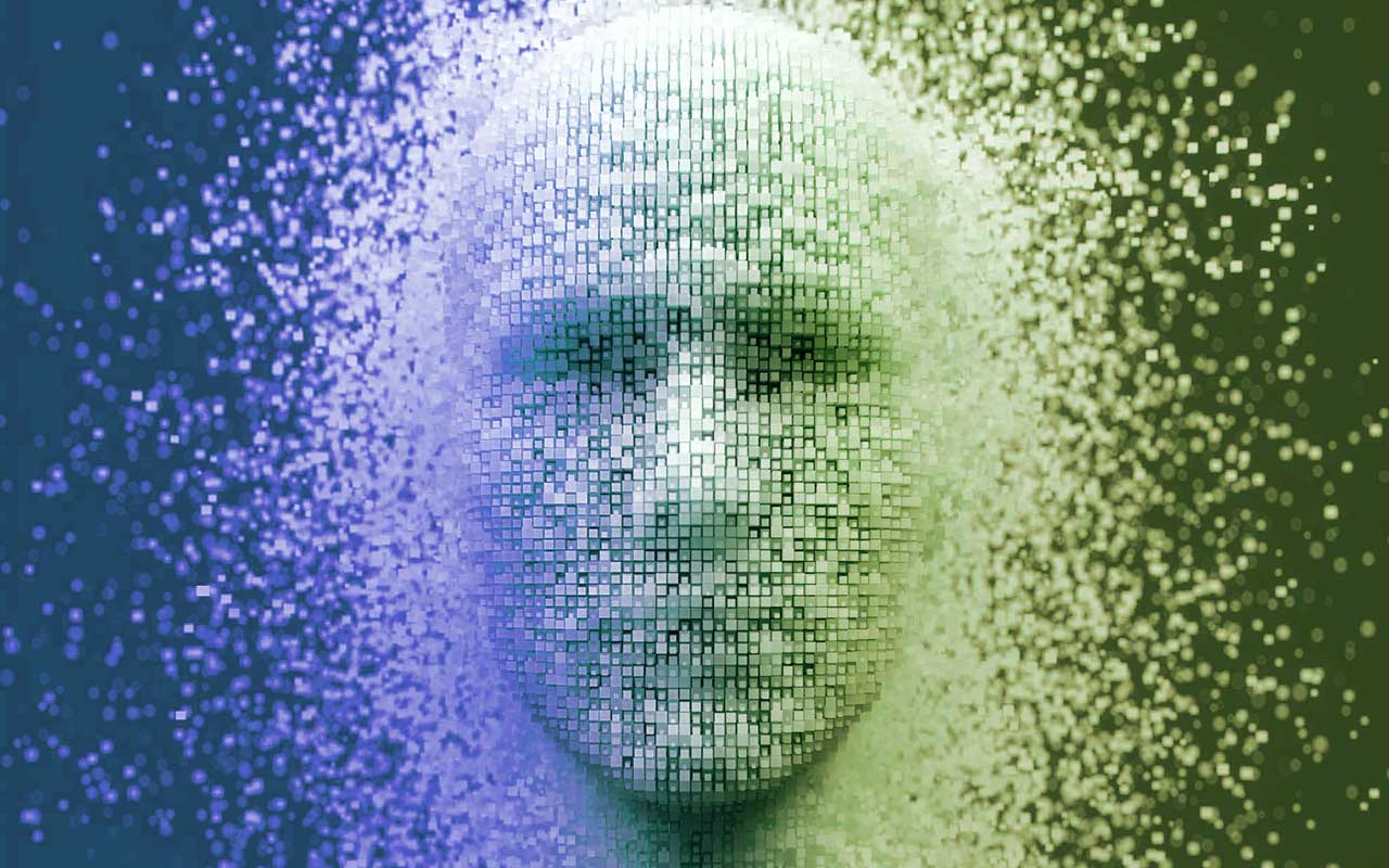 Illustration of an abstract face split into two colors