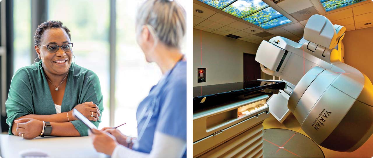 Photo montage: (1) woman consulting with doctor; (2) TrueBeam(TM) linear accelerator 