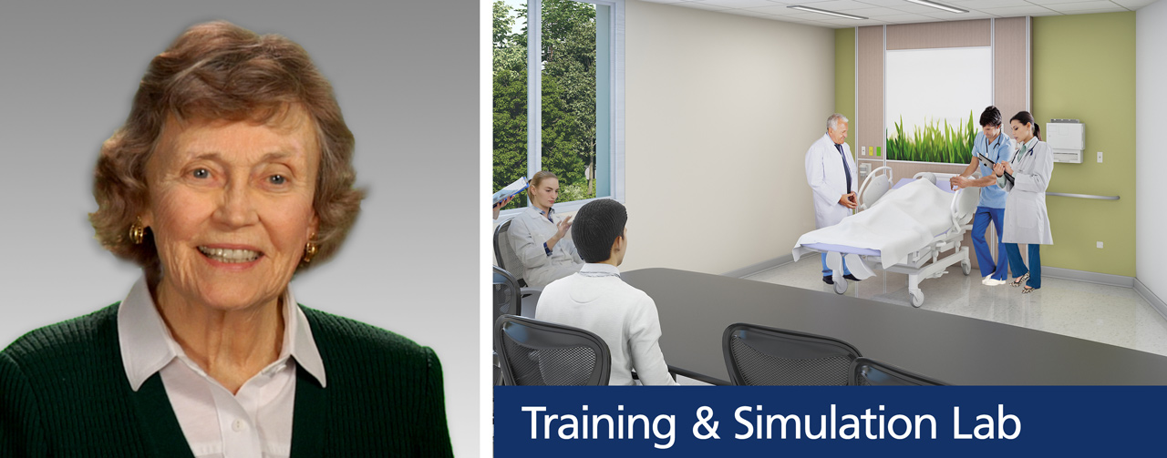 Betty Wold Johnson headshot and rendering of Training and Simulation Lab