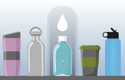 Graphic image of refillable water bottles and filling station