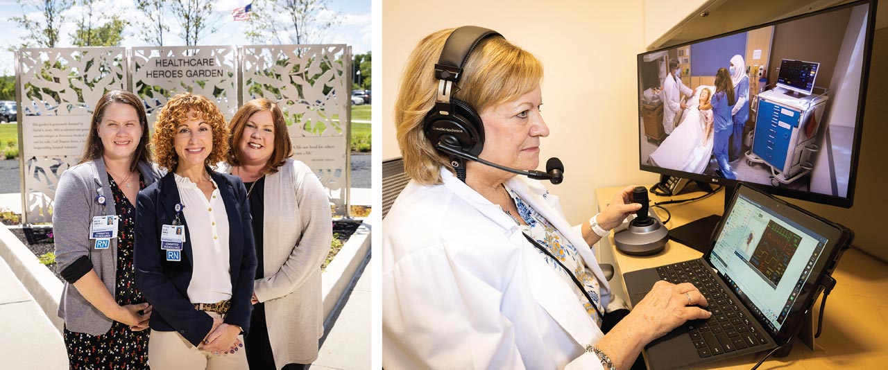 Photo montage of [1] (left to right) Kristyn Compitello, MSN, RN, CMSRN, RNC-MNN, Nursing Professional Development Specialist; Ellen Winkle, MSN, RNC-OB, C-EFM, EBP-CH, Professional Development Specialist; Karyn Book, RN, MSN, Chief Nursing Officer (CNO) and Vice President, Patient Care Services, in the HealthCare Heroes Garden. [2] Susan Straszynski, DNP, RN, RNC-OB, C-EFM, CPLC, Nursing Professional Development Specialist, APN Clinical Site Coordinator, SON Clinical Site Coordinator, Perinatal Bereavement Coordinator, in the Clinical Simulation and Training Laboratory.